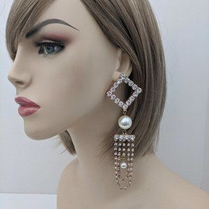 Pearl Chandelier Rhinestone Earrings Long Drop